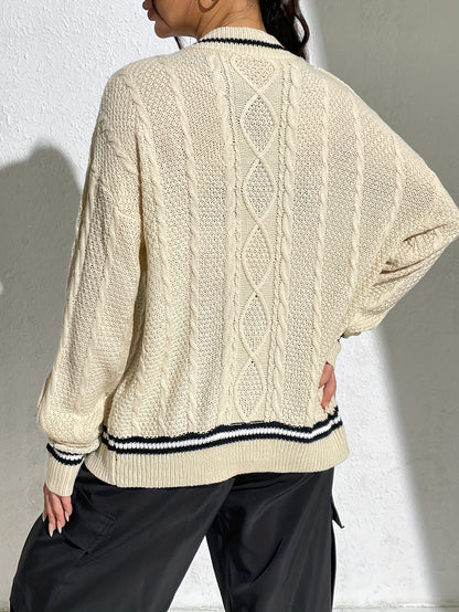 vlovelaw  Striped Button Down Cable Knit Cardigan, Elegant V Neck Long Sleeve Sweater, Women's Clothing