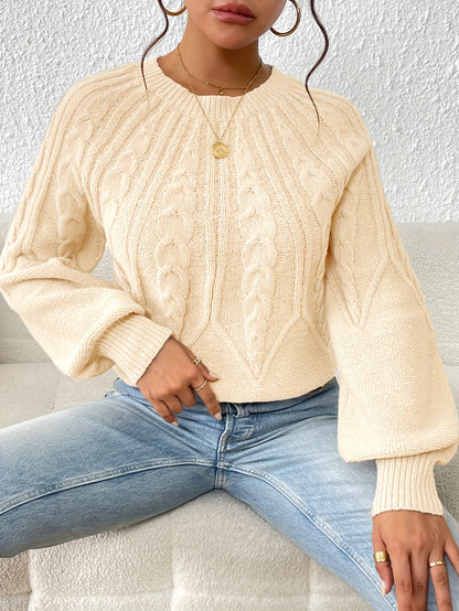 Solid Crew Neck Pullover Sweater, Casual Lantern Sleeve Criss Ruffle Trim Knit Sweater For Fall & Winter, Women's Clothing