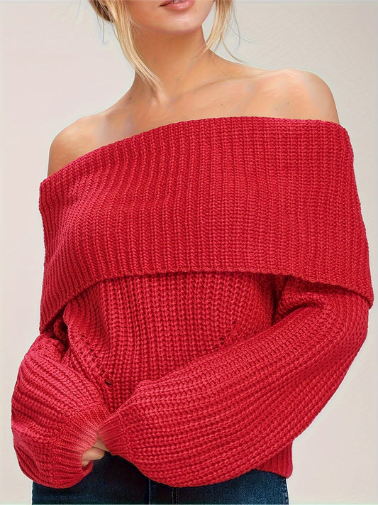 vlovelaw  Solid Off Shoulder Pullover Sweater, Casual Long Sleeve Loose Sweater, Women's Clothing