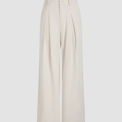 Solid Wide Leg Pants, Elegant Button Slant Pocket Draped Pants, Women's Clothing