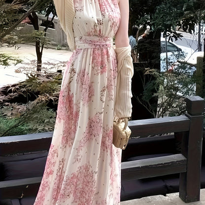 vlovelaw Lace Up Floral Print Halter Neck Dress, Elegant Sleeveless Dress For Spring & Summer, Women's Clothing