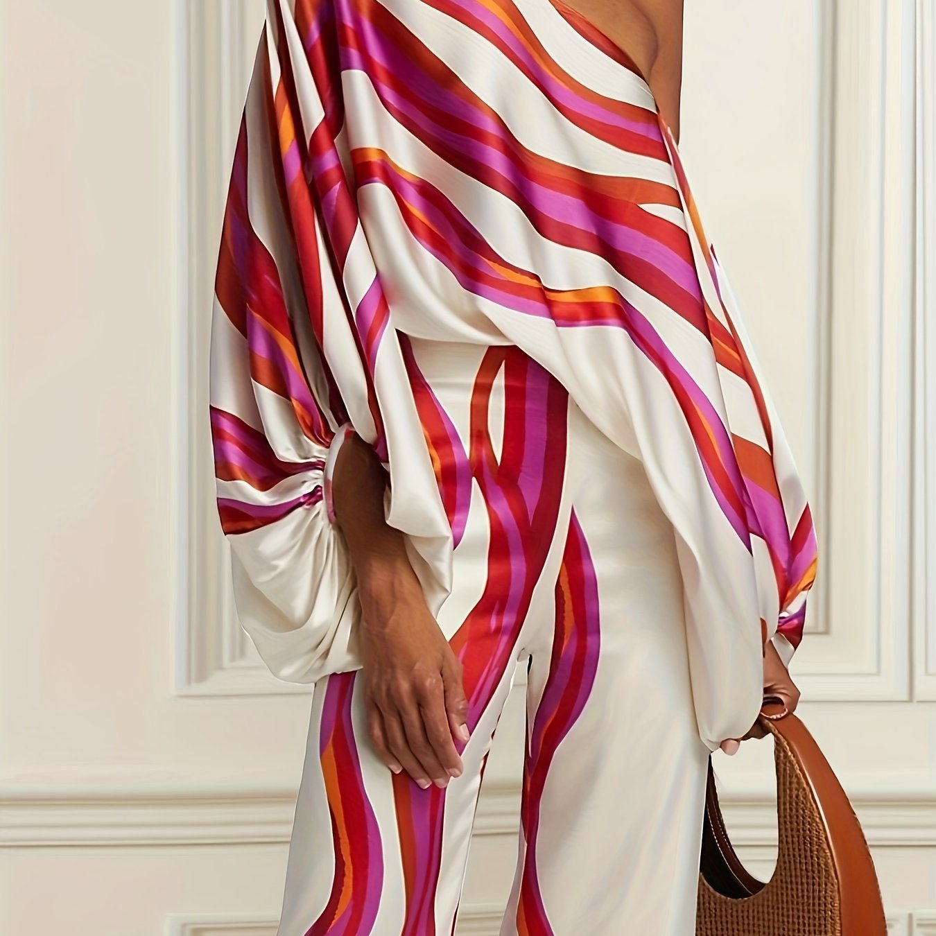vlovelaw  Abstract Print One-shoulder Blouse, Casual Lantern Sleeve Blouse For Spring & Fall, Women's Clothing