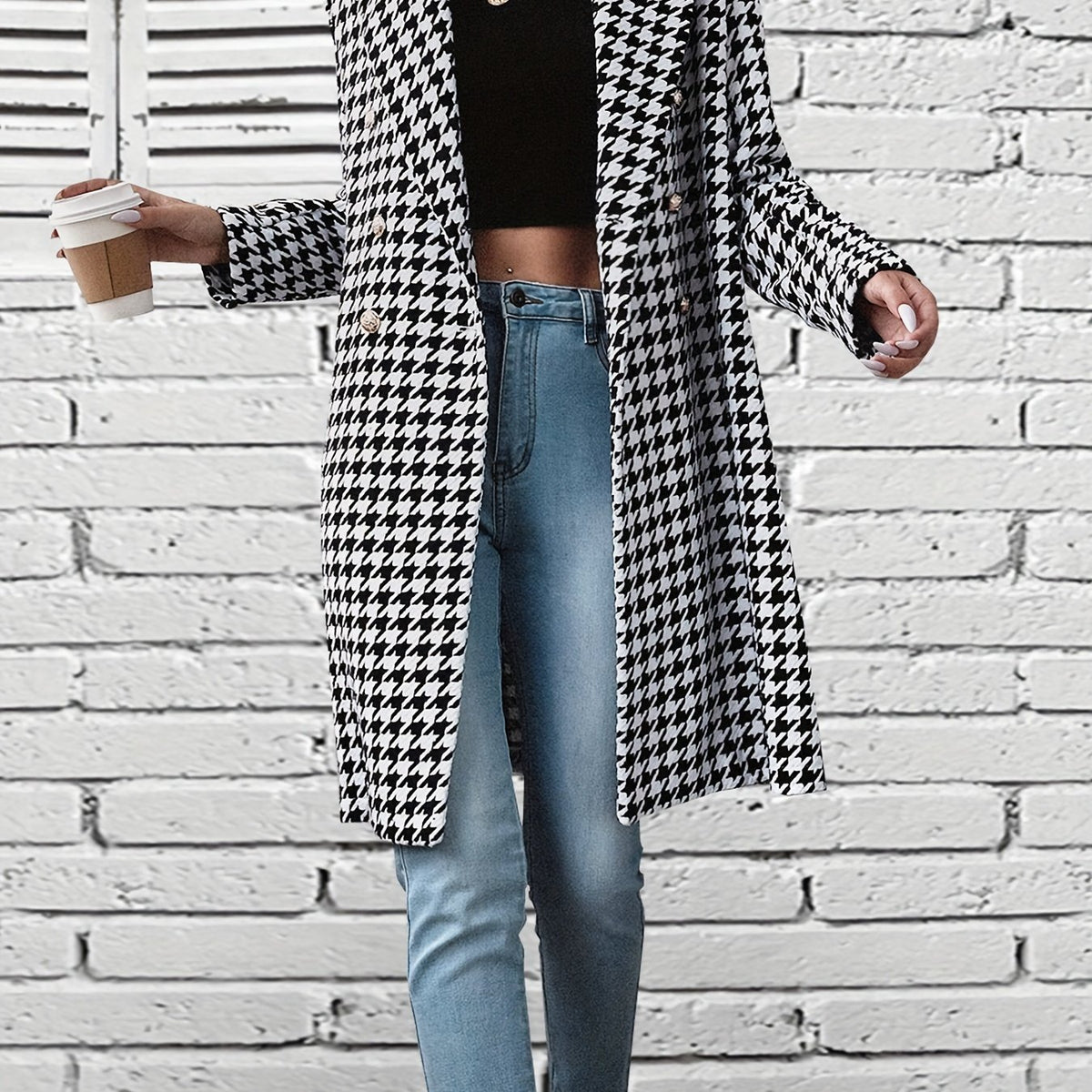 Houndstooth Print Blazer, Casual Double Breasted Long Length Outerwear, Women's Clothing