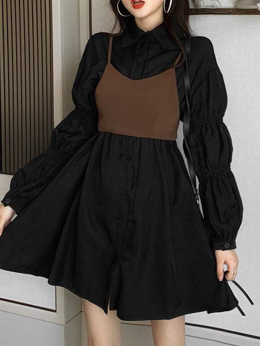 vlovelaw Button Front Elastic Waist Dress, Vintage Long Sleeve Solid Dress For Spring & Fall, Women's Clothing