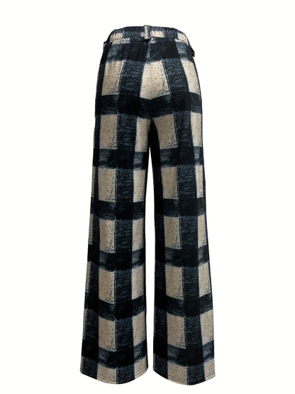 Plaid High Waist Wide Leg Pants, Casual Pants For Spring & Fall, Women's Clothing
