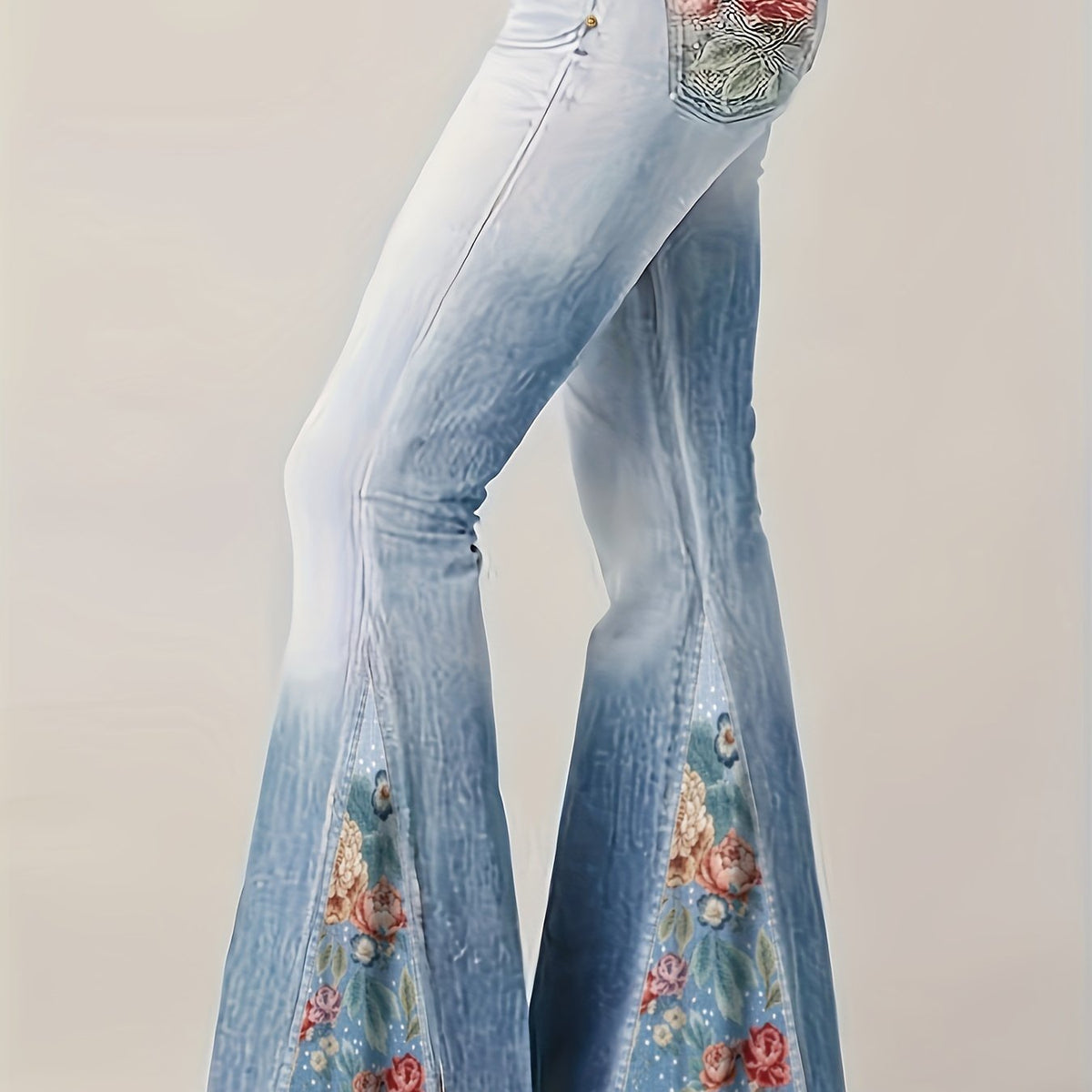 vlovelaw Plus Size Casual Trousers, Women's Plus Denim Print Slight Stretch Contrast Floral Panel Flare Pants