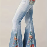 vlovelaw Plus Size Casual Trousers, Women's Plus Denim Print Slight Stretch Contrast Floral Panel Flare Pants