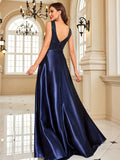 vlovelaw  Sequin Sleeveless Bridesmaid Dress, Elegant V-neck Floor Length Dress For Wedding Party, Women's Clothing