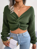 Knotted V Neck Crop Sweater, Casual Lantern Long Sleeve Loose Fall Winter Crop Knit Sweater, Women's Clothing