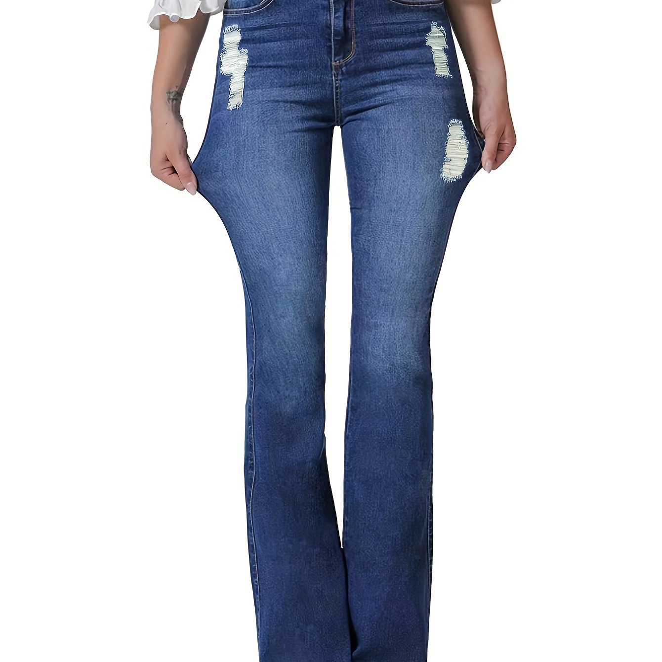 vlovelaw  Blue Double Button Flare Jeans, High Waist Ripped Holes High Stretch Versatile Bell Bottom Jeans, Women's Denim Jeans & Clothing