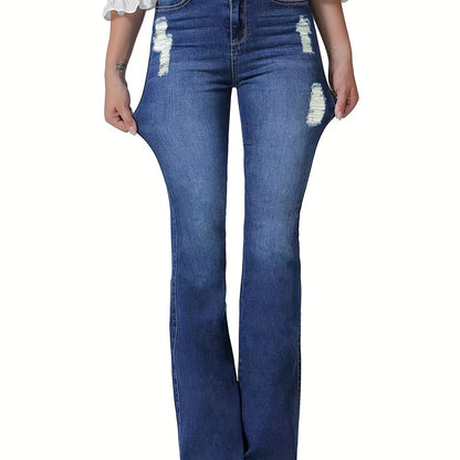 vlovelaw  Blue Double Button Flare Jeans, High Waist Ripped Holes High Stretch Versatile Bell Bottom Jeans, Women's Denim Jeans & Clothing