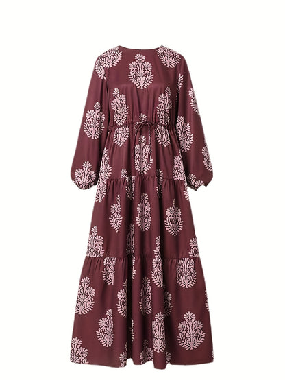 Ethnic Graphic Print Kaftan Dress, Casual Tiered Lantern Sleeve Dress, Women's Clothing