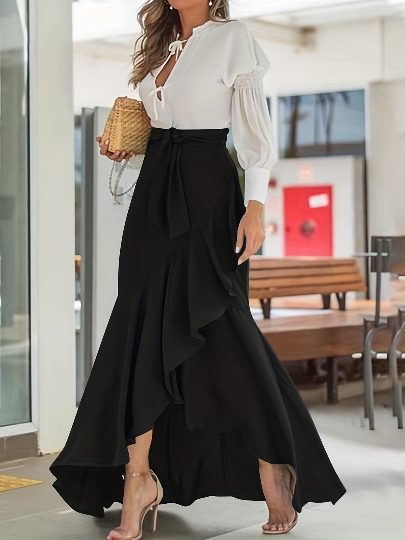 vlovelaw  Solid Ruffle Trim Asymmetrical Skirt, Elegant Belted Mermaid Skirt For Spring & Fall, Women's Clothing