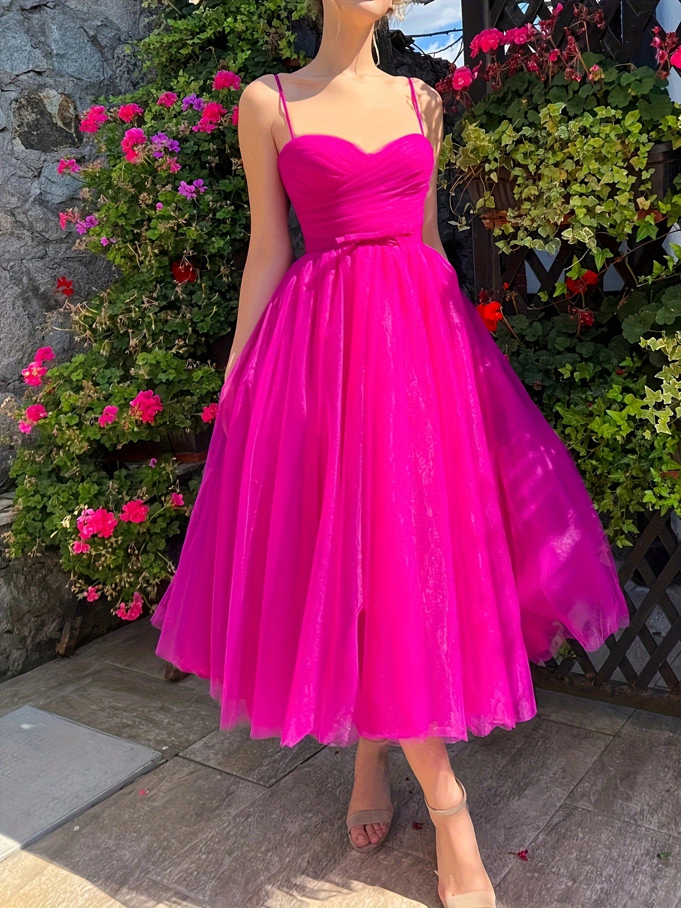 vlovelaw  Plus Size Solid Mesh Cami Bridesmaid Dress, Elegant Ruched Sleeveless Dress For Wedding Party, Women's Plus Size Clothing