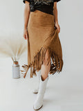 Tassel High Waist Skirts, Vintage Solid Midi Skirts For Spring & Fall, Women's Clothing