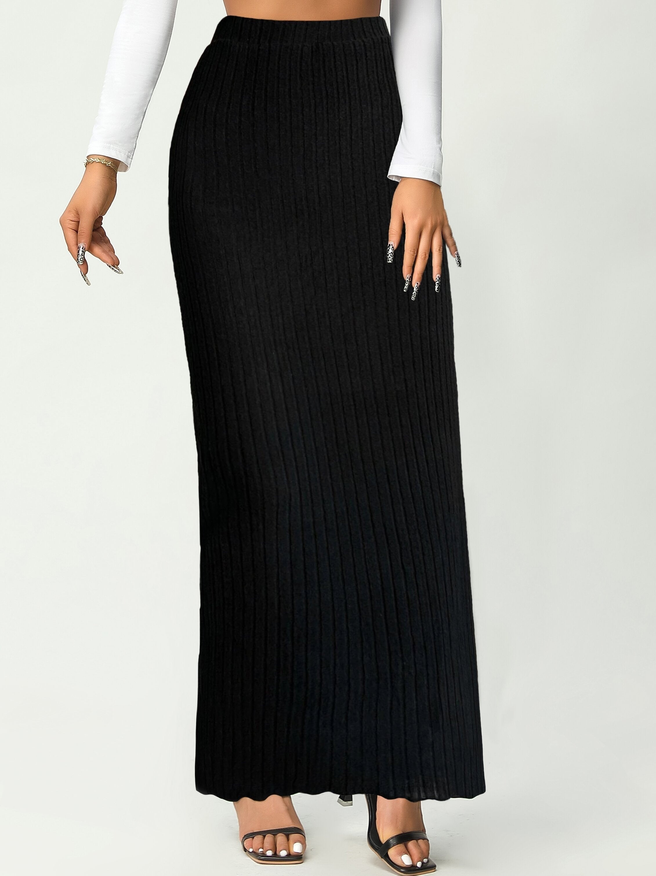 Solid Scallop Trim High Waist Skirt, Elegant Long Length Skirt For Spring & Fall, Women's Clothing