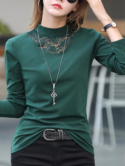 vlovelaw  Solid Long Sleeve Lace T-Shirt, Casual Every Day Top For Spring & Fall, Women's Clothing