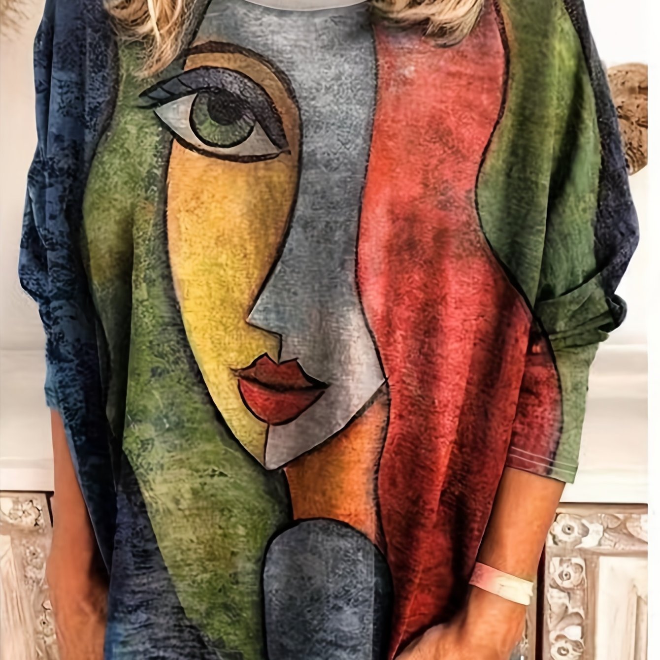 Plus Size Casual T-shirt, Women's Plus Abstract Print Long Sleeve Round Neck Medium Stretch T-shirt
