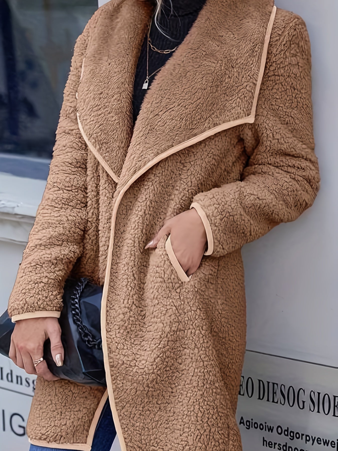 vlovelaw  Solid Open Front Fleece Jacket, Casual Lapel Long Sleeve Jacket Coat, Women's Clothing