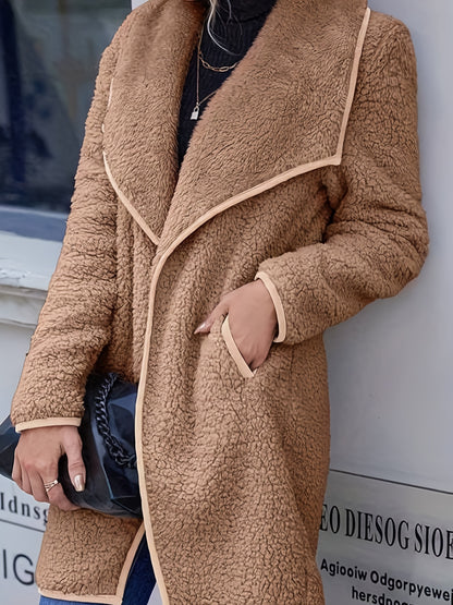 vlovelaw  Solid Open Front Fleece Jacket, Casual Lapel Long Sleeve Jacket Coat, Women's Clothing