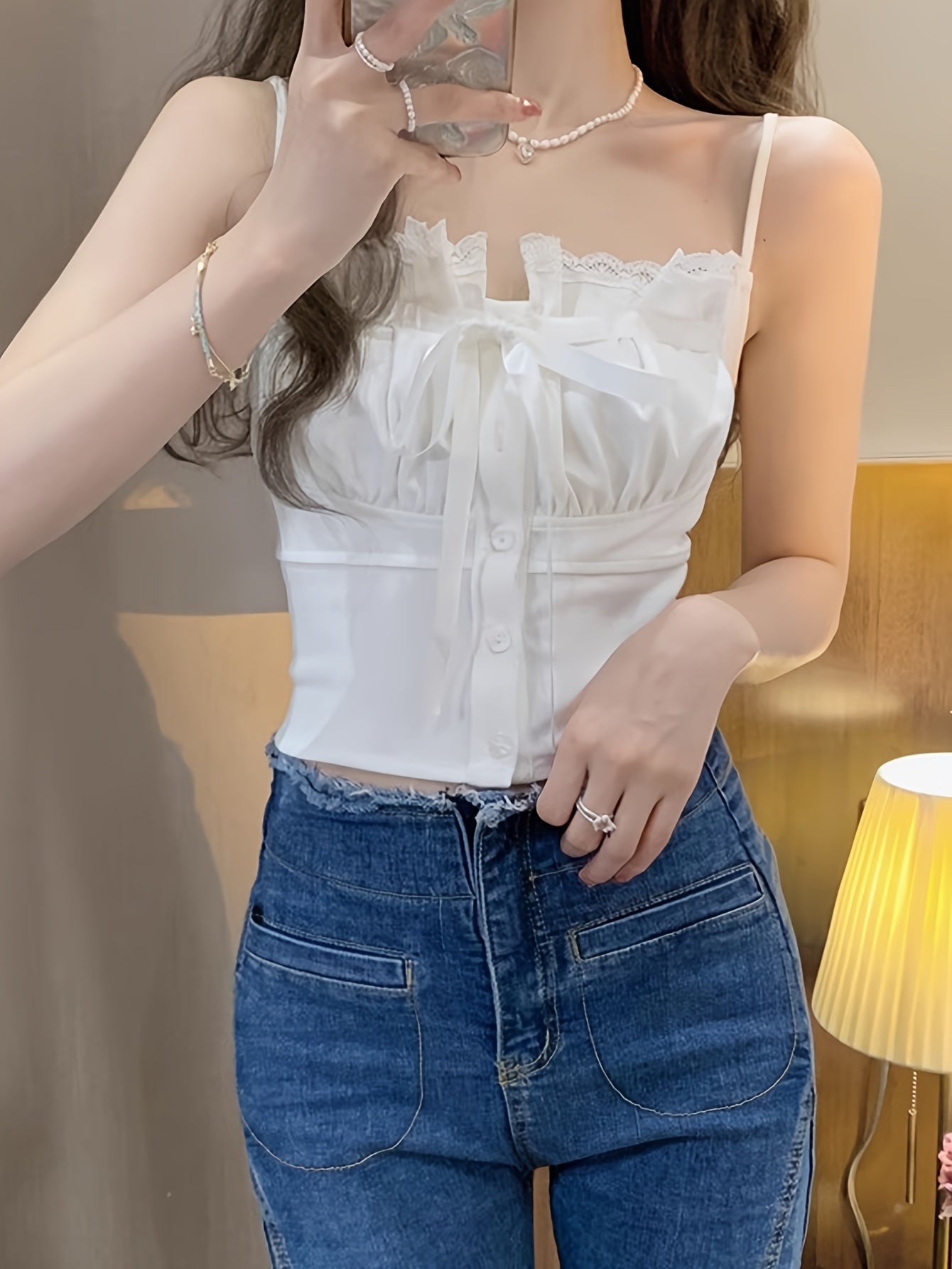 vlovelaw  Ruffle Trim Spaghetti Strap Top, Y2K Sleeveless Cami Top For Summer, Women's Clothing