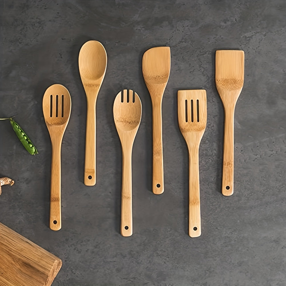 6pcs Bamboo Cooking Utensils Set - Includes Spoonula, Slotted Spoon, Shovel, And Spatula - Perfect For Nonstick Pans And Woks
