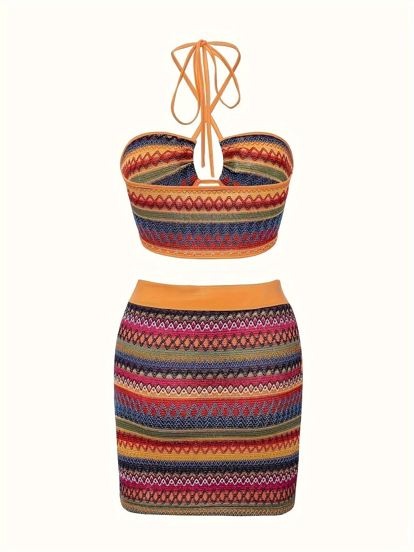 vlovelaw  Vacation Tribal Knit Slim Skirt Set, Crop Keyhole Halter Neck Top & High Waist Bodycon Slim Skirt Outfits, Women's Clothing