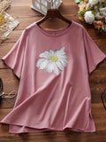 Plus Size Casual Top, Women's Plus Flower Print Short Sleeve Round Neck T-shirt