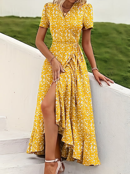 vlovelaw  Ditsy Print Belted Split Ruffle Dress, Elegant Short Sleeve Surplice Neck Dress, Women's Clothing