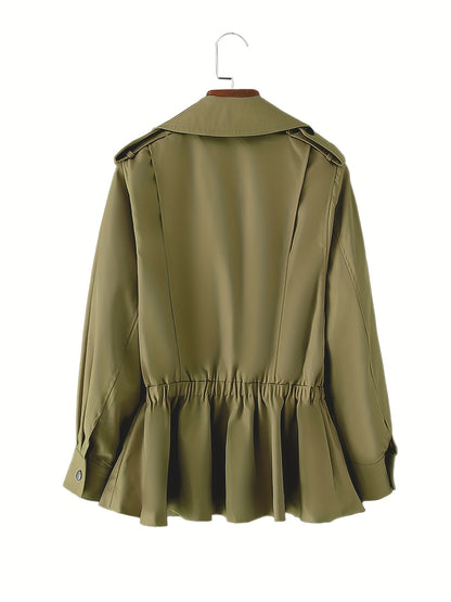 Ruffle Hem Lapel Trench Coat, Vintage Double Breasted Long Sleeve Outerwear, Women's Clothing