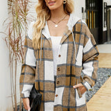 vlovelaw  Plaid Print Hooded Shirt, Casual Drawstring Long Sleeve Shirt, Women's Clothing