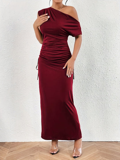 vlovelaw  Solid One Shoulder Dress, Elegant Ruched Short Sleeve Lace Up Dress, Women's Clothing