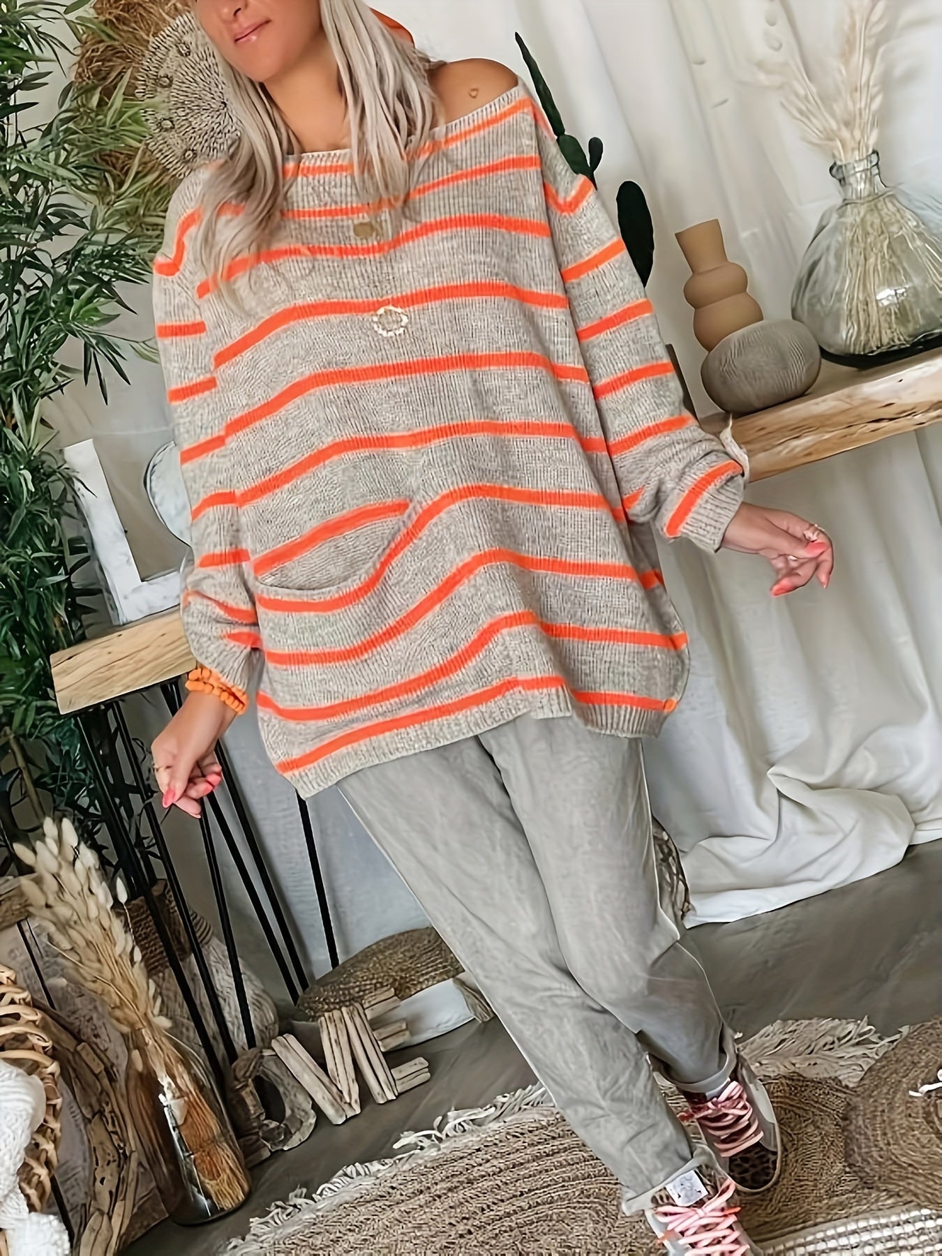 vlovelaw Stripe Pattern Pocket Knitted Sweater, Casual Long Sleeve Sweater For Fall & Winter, Women's Clothing