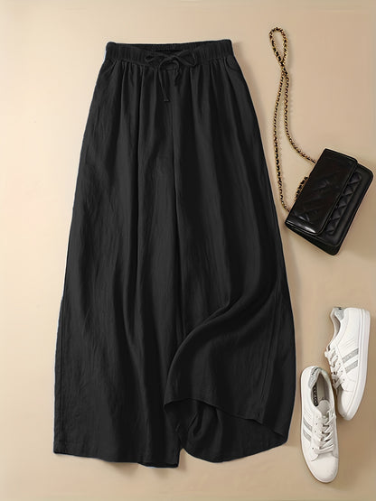 vlovelaw Plus Size Casual Pants, Women's Plus Solid High Waist Drawstring Wide Leg Loose Pants