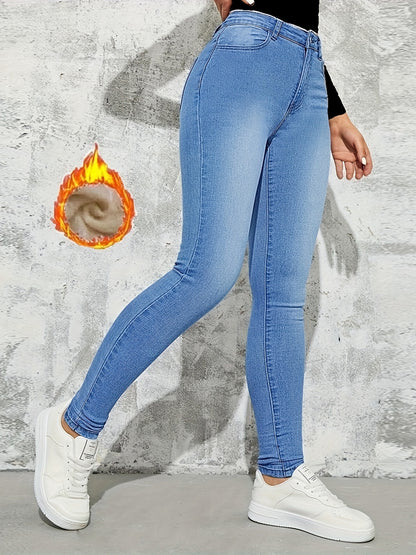 vlovelaw  Slim Fit Casual Skinny Jeans, Fleece Liner High Stretch Keep Warm Tight Jeans, Women's Denim Jeans & Clothing