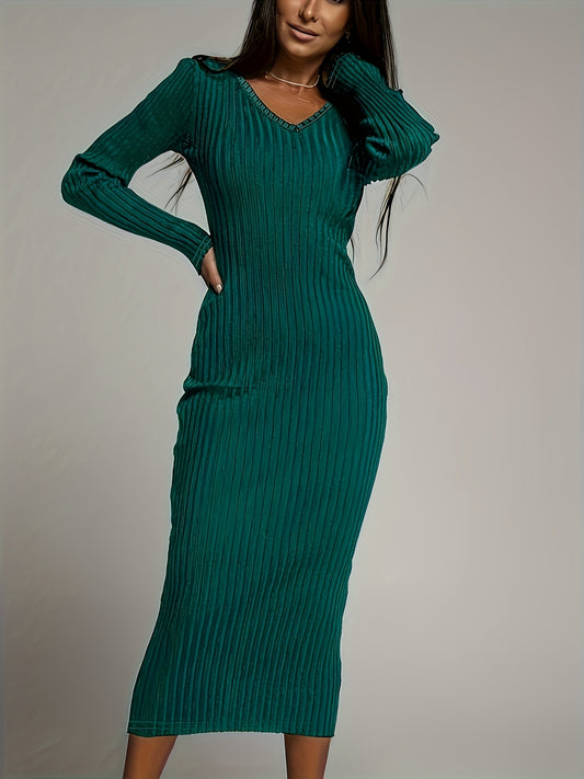 vlovelaw Bodycon V-neck Solid Dress, Long Sleeve Dress For Spring & Fall, Women's Clothing