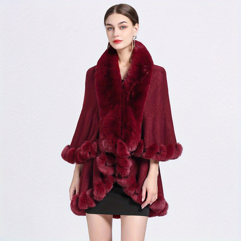 Mature Faux Fur Collar Shawl Solid Color Thickened Imitation Fox Fur Warm Large Cape Cardigan Women's Autumn Winter Outside Warm Coat Shawl