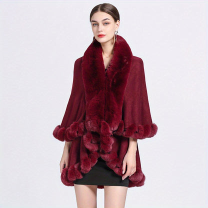 Mature Faux Fur Collar Shawl Solid Color Thickened Imitation Fox Fur Warm Large Cape Cardigan Women's Autumn Winter Outside Warm Coat Shawl