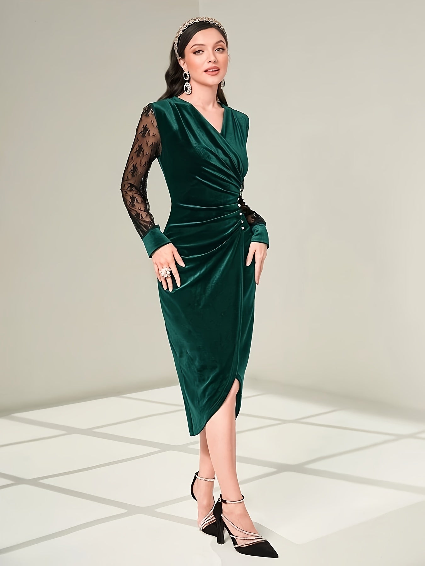 vlovelaw Contrast Lace Bodycon Dress, Elegant Long Sleeve Dress For Party & Banquet, Women's Clothing