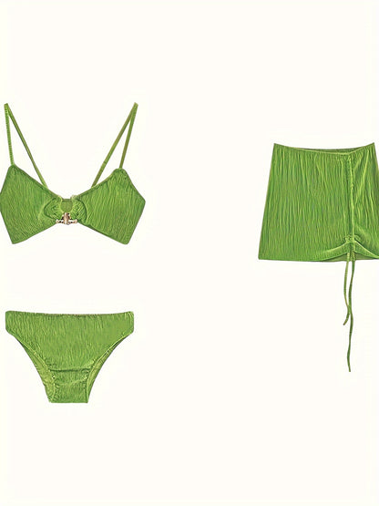 vlovelaw  Solid Color 3 Piece Set Bikini, Ring-Linked High Cut With Drawstring Cover Up Skirt Swimsuits, Women's Swimwear & Clothing