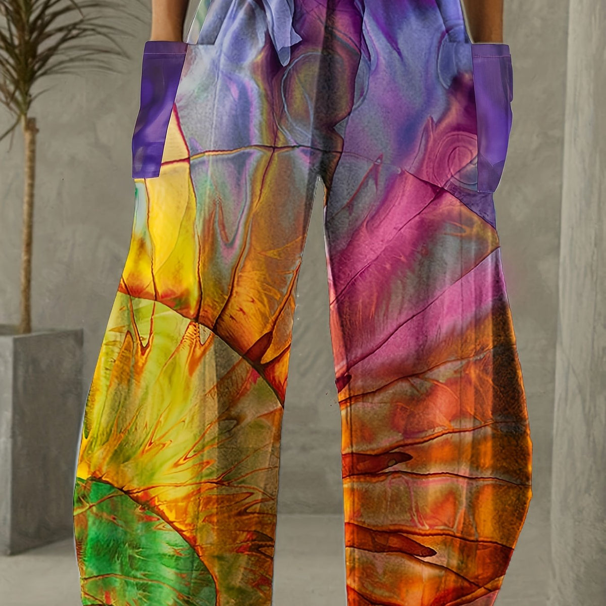 vlovelaw Plus Size Ombre Print High Rise Wide Leg Pants, Women's Plus Casual Non Stretch Wide Leg Pants