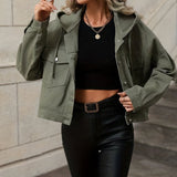 Green Long Sleeves Denim Jackets, Flap Pockets Non-Stretch Hooded Denim Coats, Women's Denim Clothing
