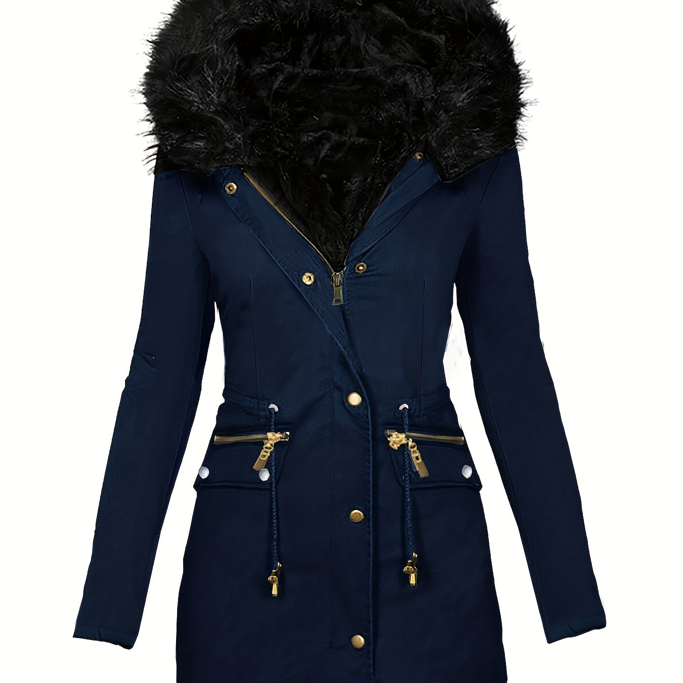 vlovelaw Faux Fur Hood Drawstring Parka Coat, Zip Up Button Front Pocket Thermal Overcoat, Women's Clothing