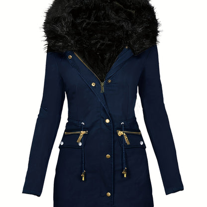 vlovelaw Faux Fur Hood Drawstring Parka Coat, Zip Up Button Front Pocket Thermal Overcoat, Women's Clothing