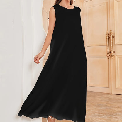 vlovelaw Ramadan Solid Soothly Crew Neck Kaftan Abayas, Elegant Sleeveless Maxi Dress, Women's Clothing
