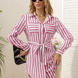 vlovelaw  Striped Print Long Length Shirt, Elegant Button Front Long Sleeve Shirt, Women's Clothing
