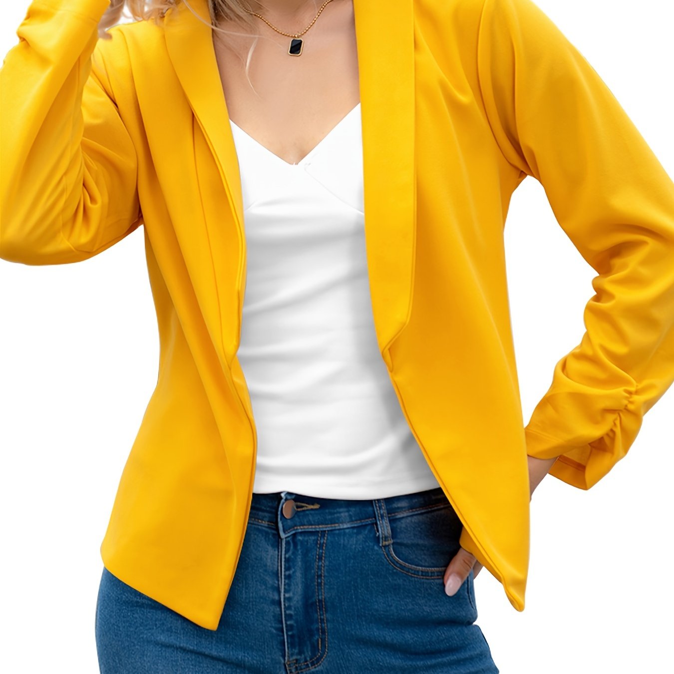 Elegant Solid Long Sleeve Blazer, Open Front Lapel Blazer, Elegant & Stylish Tops For Office & Work, Women's Clothing