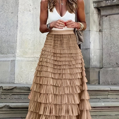 vlovelaw  Mesh Layered Hem Skirt, Boho High Waist Skirt, Women's Clothing