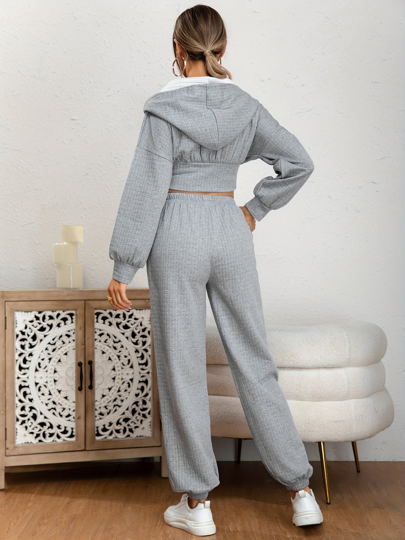 vlovelaw  Solid Casual Two-piece Set, Zip Up Long Sleeve Hoodies & Elastic Waist Jogger Pants Outfits, Women's Clothing