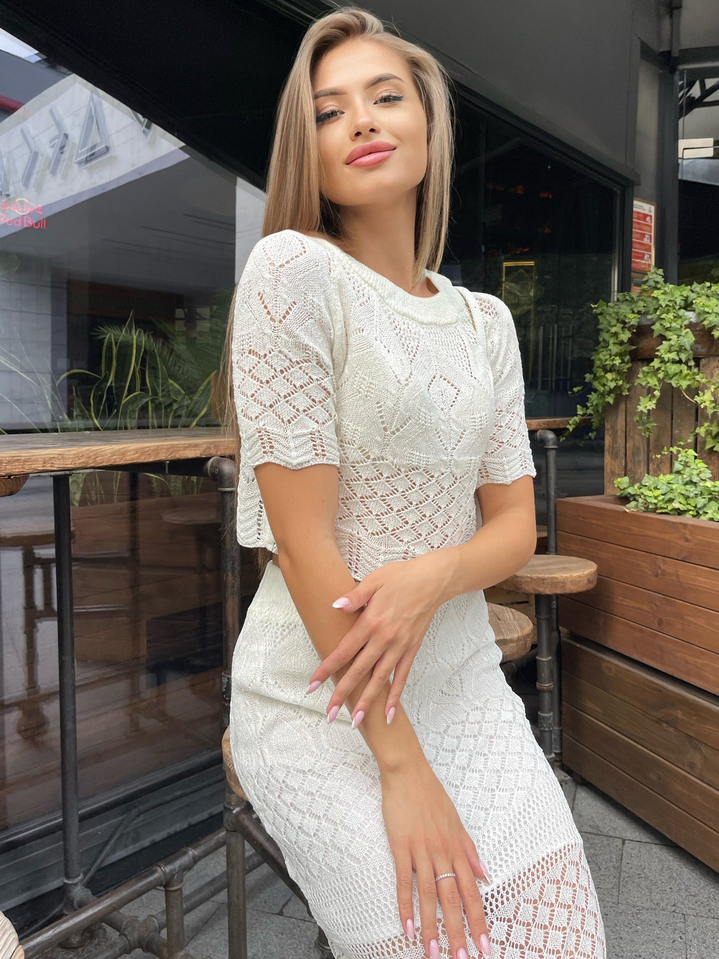 vlovelaw  Hollow Out Knitted Skirt Suit, Crew Neck Short Sleeve Crop Top & High Waist Scallop Trim Semi-sheer Skirt Outfits, Women's Clothing
